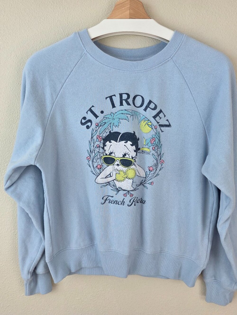 Betty Boop Oversized Crew Sweatshirt Size XS Blue St Tropez Graphic